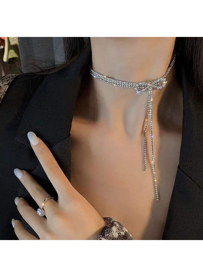 ELABEST قلادة قوس من الكريستال مع حبات الراين، قلادة تشوكر، سلسلة تنس رقيقة، مجوهرات حفلات النوادي الليلية للنساء (فضي) - Image 1