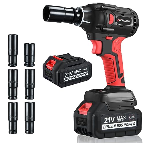 AOBEN 21V Cordless Impact Wrench Powerful Brushless Motor with 1/2" Square Driver, Max 300 Torque ft-lbs (400N.m),2X 4.0A Li-ion, 6Pcs Impact Sockets,Fast Charger and Tool Bag - Image 1