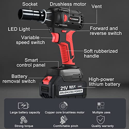 AOBEN 21V Cordless Impact Wrench Powerful Brushless Motor with 1/2" Square Driver, Max 300 Torque ft-lbs (400N.m),2X 4.0A Li-ion, 6Pcs Impact Sockets,Fast Charger and Tool Bag - Image 3
