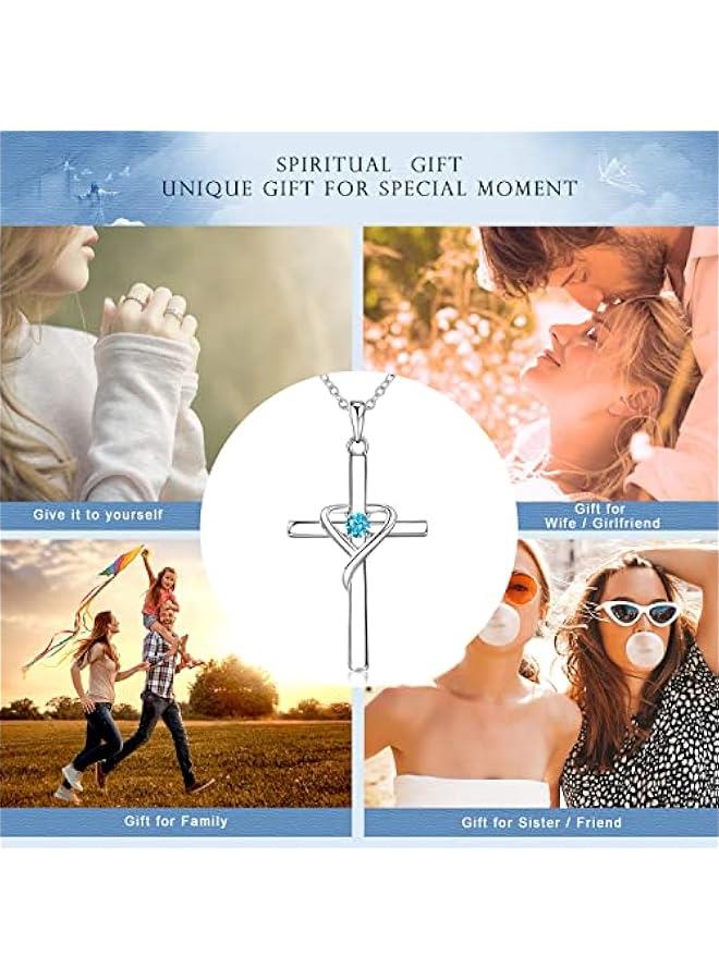 Arabest 925 Sterling Silver Cross Necklace for Women Men 5A CZ Birthstone Necklaces 14K Gold Plated or Rose Gold Necklace for Easter or Mother's Day - Image 3