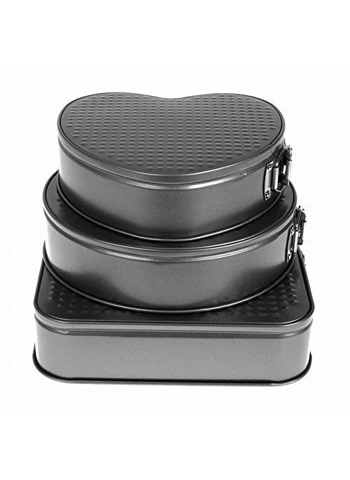 MOTEGRITY - Motegrity Set of 3 Cake Mould Three Design Circle Square and Heart Shaped Spring Form Non Stick Baking Steel Multi Shape Baking Tray Black - Image 1