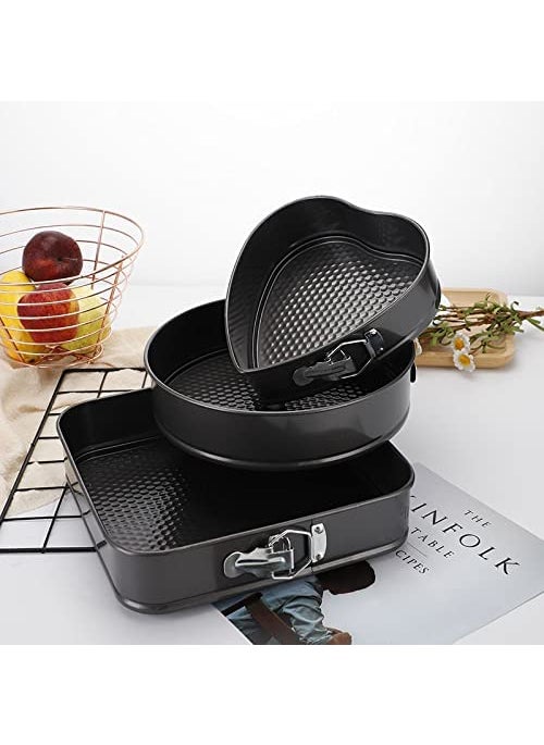 MOTEGRITY - Motegrity Set of 3 Cake Mould Three Design Circle Square and Heart Shaped Spring Form Non Stick Baking Steel Multi Shape Baking Tray Black - Image 1