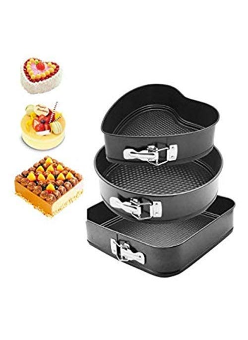 MOTEGRITY - Motegrity Set of 3 Cake Mould Three Design Circle Square and Heart Shaped Spring Form Non Stick Baking Steel Multi Shape Baking Tray Black - Image 1