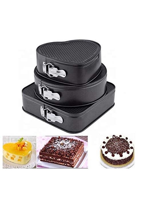 MOTEGRITY - Motegrity Set of 3 Cake Mould Three Design Circle Square and Heart Shaped Spring Form Non Stick Baking Steel Multi Shape Baking Tray Black - Image 1