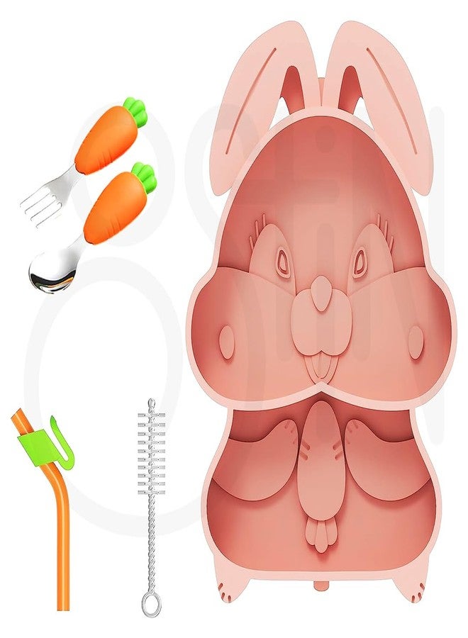 Ostin Toddler Plates Divided Suction for Baby, Food Grade Silicone Baby Plates, Non-Slip Bunny Silicone Feeding Set Rabbit Shaped Plate with Fork, Spoon, Straw and Cleaning Brush (Rabbit Pink) - Image 1