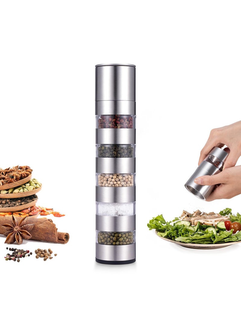 طاحونة الفلفل اليدوية من الفولاذ المقاوم للصدأ 5 في 1 مع تصميم قابل للفصل - إعدادات خشنة / متوسطة / دقيقة قابلة للتعديل - نواة سيراميكية متينة للملح والفلفل والتوابل - محمولة للمنزل والمطاعم والتخييم - Image 2