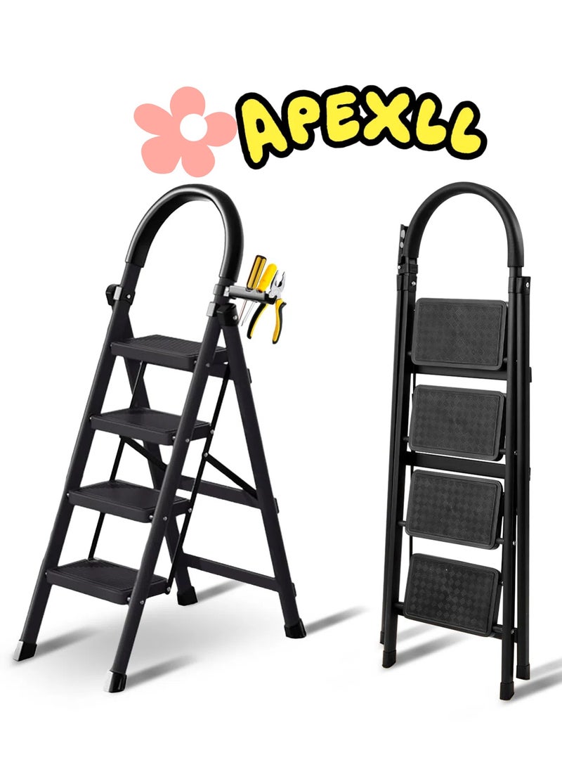 Apexll Sturdy 4-Step Folding Ladder with Tool Holder, Anti-Slip Pedal, Portable Iron Step Stool for Kitchen, Household, Indoor & Outdoor Use - Image 1