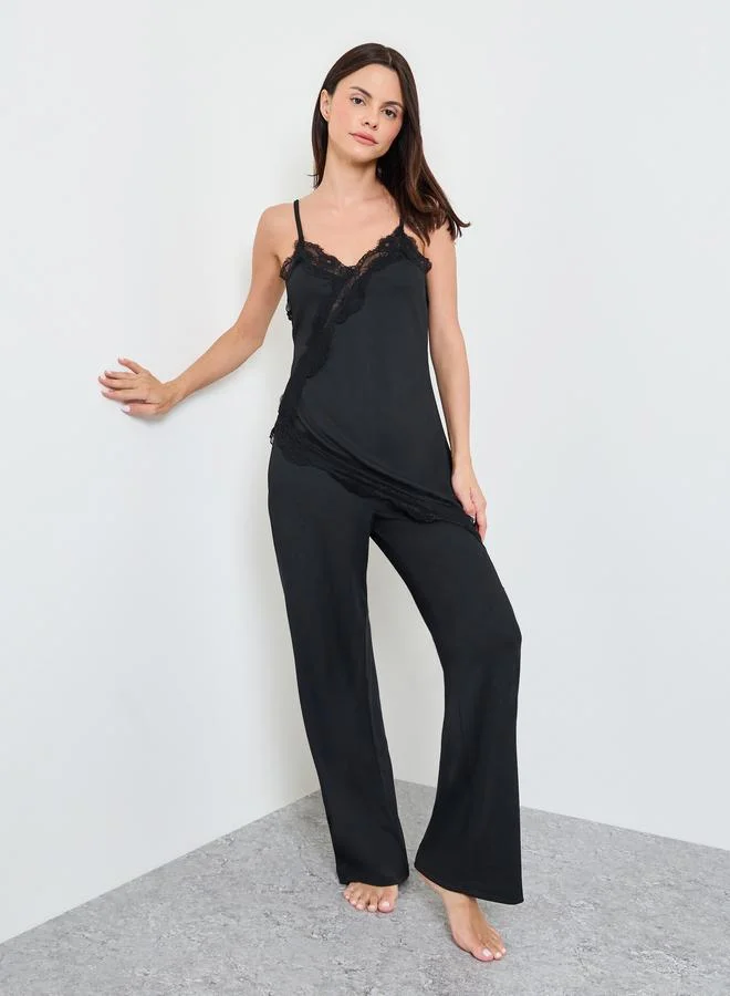 ستايلي Black Lace Trim Longline Cami and Pyjama Set