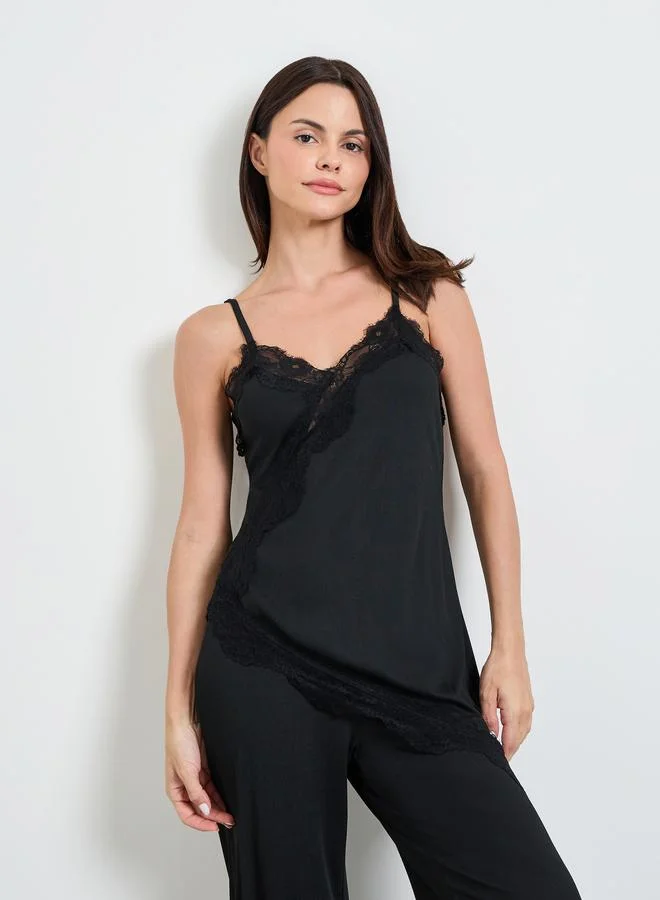 ستايلي Black Lace Trim Longline Cami and Pyjama Set