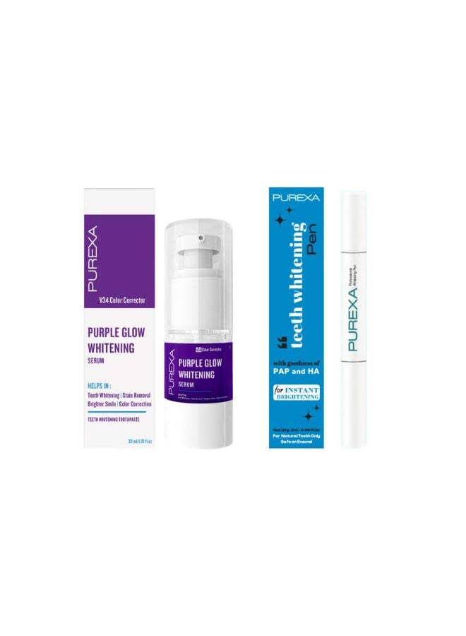PUREXA Advanced Whitening Oral Care Combo | 2 PAP+ Teeth Whitening Pens + 1 Purple Serum Toothpaste 30 ml | V34 Colour Corrector Enamel-Safe Whitening Kit for Teeth - Image 1