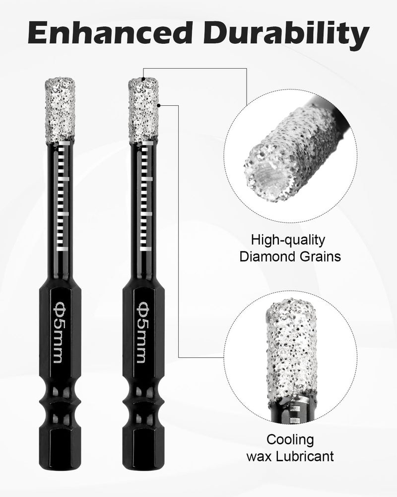 AOKLIT 10Pcs Dry Diamond Drill Bits Set, 3/16” 5mm Hex Shank Tile Core Drill Bit for Tile Ceramic Glass Granite Marble Stone Hard Materials(not for Wood) - Image 3