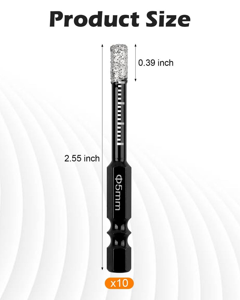 AOKLIT 10Pcs Dry Diamond Drill Bits Set, 3/16” 5mm Hex Shank Tile Core Drill Bit for Tile Ceramic Glass Granite Marble Stone Hard Materials(not for Wood) - Image 2