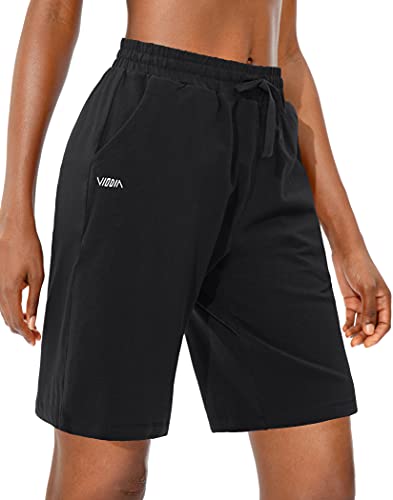 Viodia Women's Bermuda 10" Long Shorts with Pockets Cotton Sweat Lounge Shorts for Women Jersey Athletic Knee Length Shorts for Summer Black - Image 1