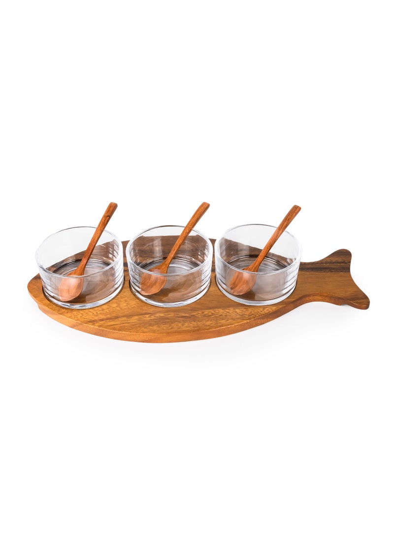 BILLI Billi Fish-Shaped Acacia Wood Condiment Set – Includes 3 Glass Bowls and 3 Wooden Spoons, W18.5 x L40.5 x H6.2 cm – Stylish Acacia Wood Serving Tray for Sauces, Spices, and Snacks  - Image 1