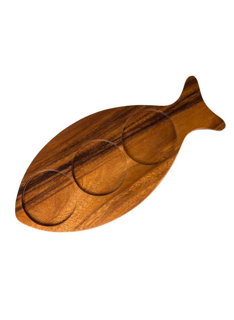 BILLI Billi Fish-Shaped Acacia Wood Condiment Set – Includes 3 Glass Bowls and 3 Wooden Spoons, W18.5 x L40.5 x H6.2 cm – Stylish Acacia Wood Serving Tray for Sauces, Spices, and Snacks
