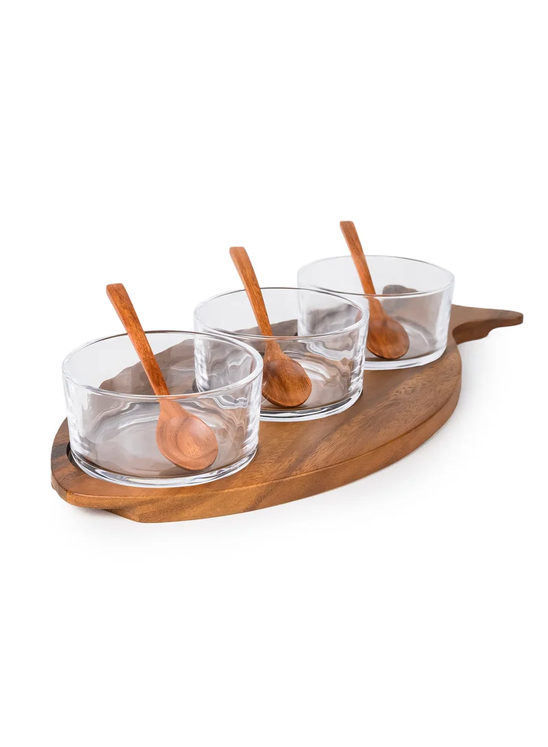 BILLI Billi Fish-Shaped Acacia Wood Condiment Set – Includes 3 Glass Bowls and 3 Wooden Spoons, W18.5 x L40.5 x H6.2 cm – Stylish Acacia Wood Serving Tray for Sauces, Spices, and Snacks