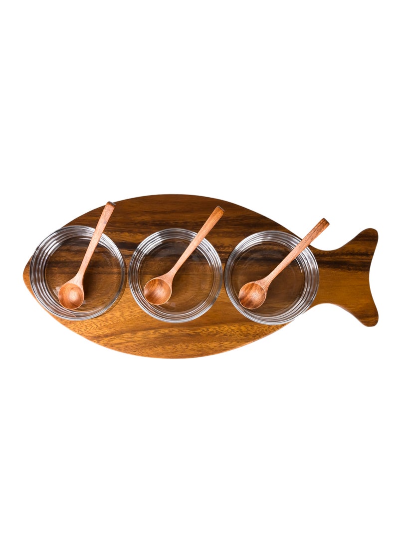 BILLI Billi Fish-Shaped Acacia Wood Condiment Set – Includes 3 Glass Bowls and 3 Wooden Spoons, W18.5 x L40.5 x H6.2 cm – Stylish Acacia Wood Serving Tray for Sauces, Spices, and Snacks  - Image 2