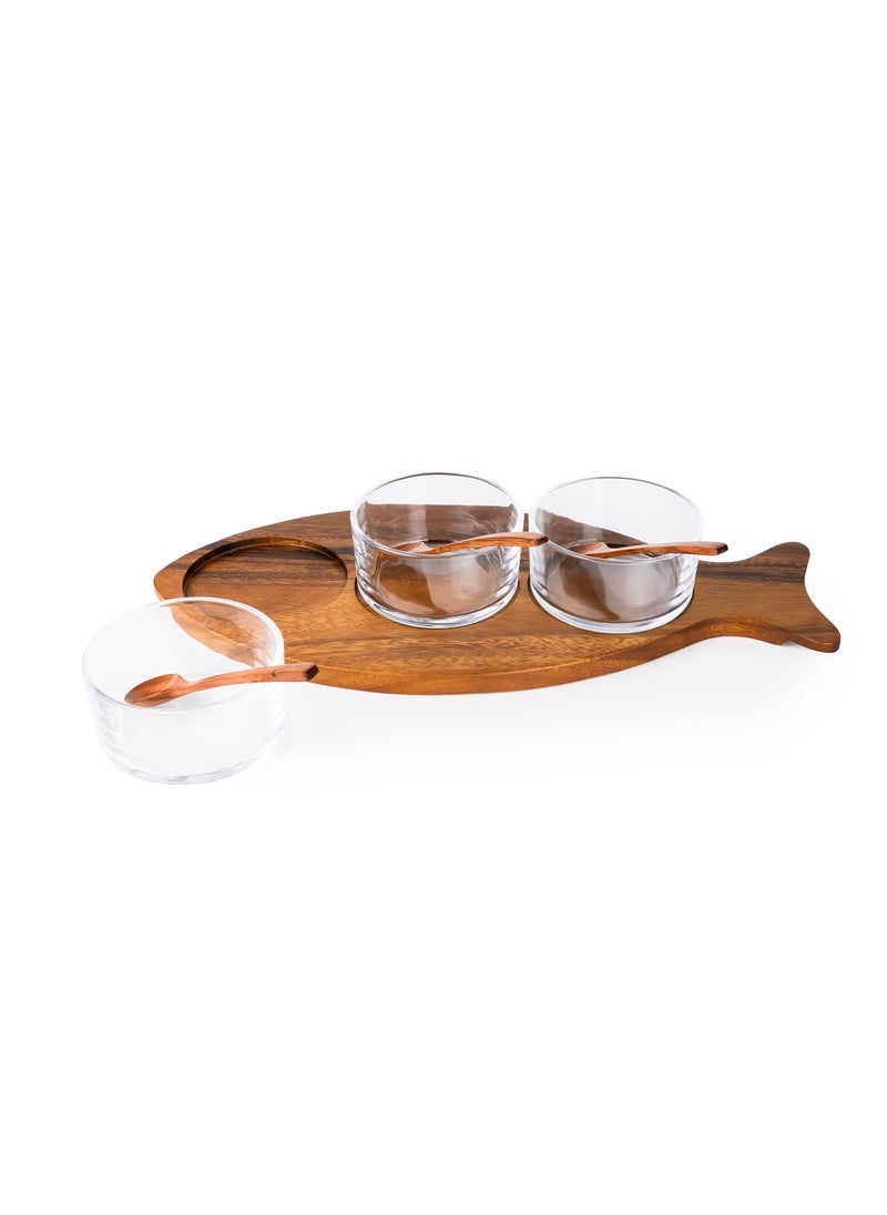 BILLI Billi Fish-Shaped Acacia Wood Condiment Set – Includes 3 Glass Bowls and 3 Wooden Spoons, W18.5 x L40.5 x H6.2 cm – Stylish Acacia Wood Serving Tray for Sauces, Spices, and Snacks  - Image 3