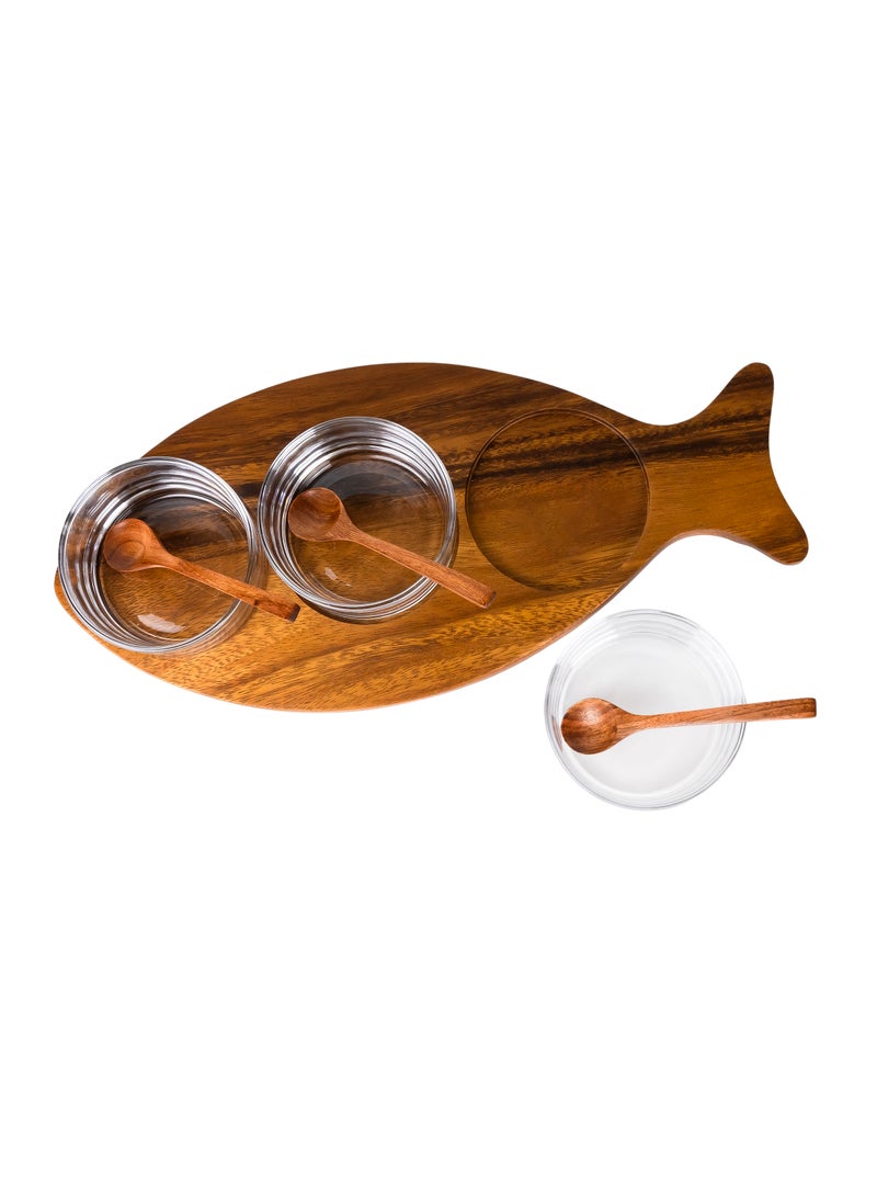 BILLI Billi Fish-Shaped Acacia Wood Condiment Set – Includes 3 Glass Bowls and 3 Wooden Spoons, W18.5 x L40.5 x H6.2 cm – Stylish Acacia Wood Serving Tray for Sauces, Spices, and Snacks  - Image 4