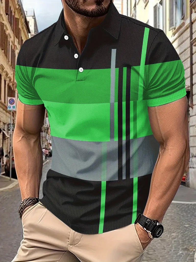 قميص بولو قصير الأكمام للرجال، مطبوع بخطوط عصرية - Image 4