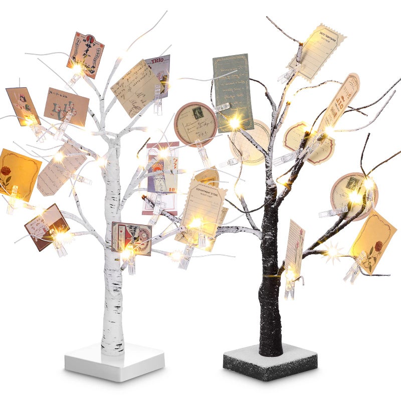 Coume 2 Pcs Money Tree Gift Holder Gift Card Holder with 18 Inch LED Lights Birch Easter Tree Decorations Battery Powered Tables Centerpieces with 30 Clear Clips for Wedding Birthday Graduation