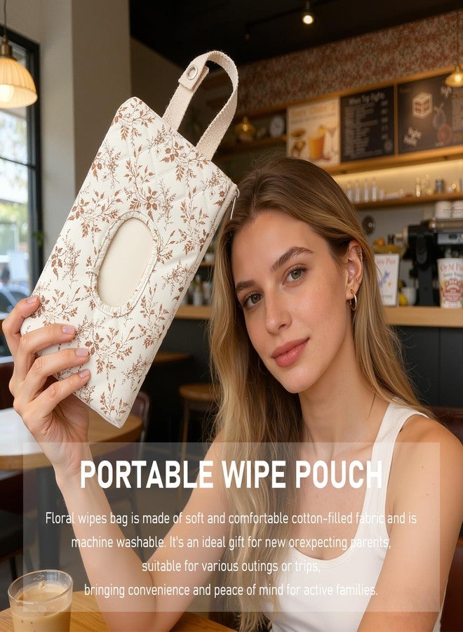 Nmoiat Wipe Holder Floral Diaper and Wipes Pouch Portable Hanging Wipes Bag for Car, Resuable Wet Wipe Pouch for Travel & Outdoor, Beige - Image 5