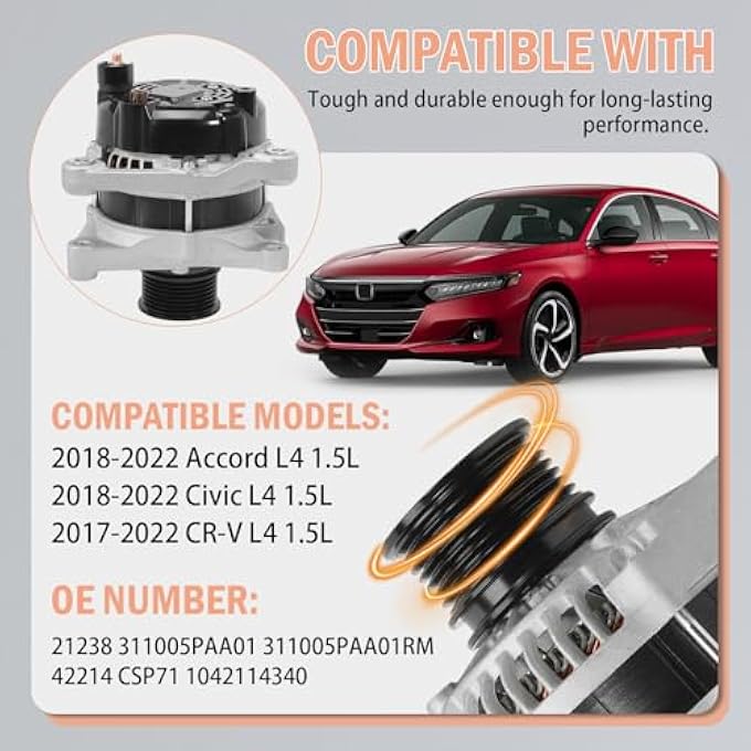 Fraylis 12V 135A Alternator Compatible with L4 1.5L Honda Civic 2018-2023, Honda CR-V 2017-2022, Honda Accord 2018-2022, 7-Groove Decoupler Pulley Clockwise, 311005PAA01, 311005PAA01RM - Image 5