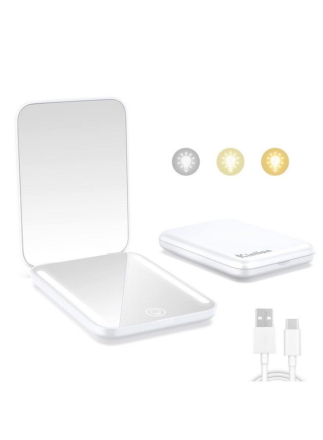 Kintion Rechargeable Pocket Mirror, Double Sided 1X/3X Magnification Compact Vanity Mirror, 3 Color Lights, Dimmable, Small Portable Wallet Mirror, Lighted Travel Mirror For Women Gifts, White - Image 1