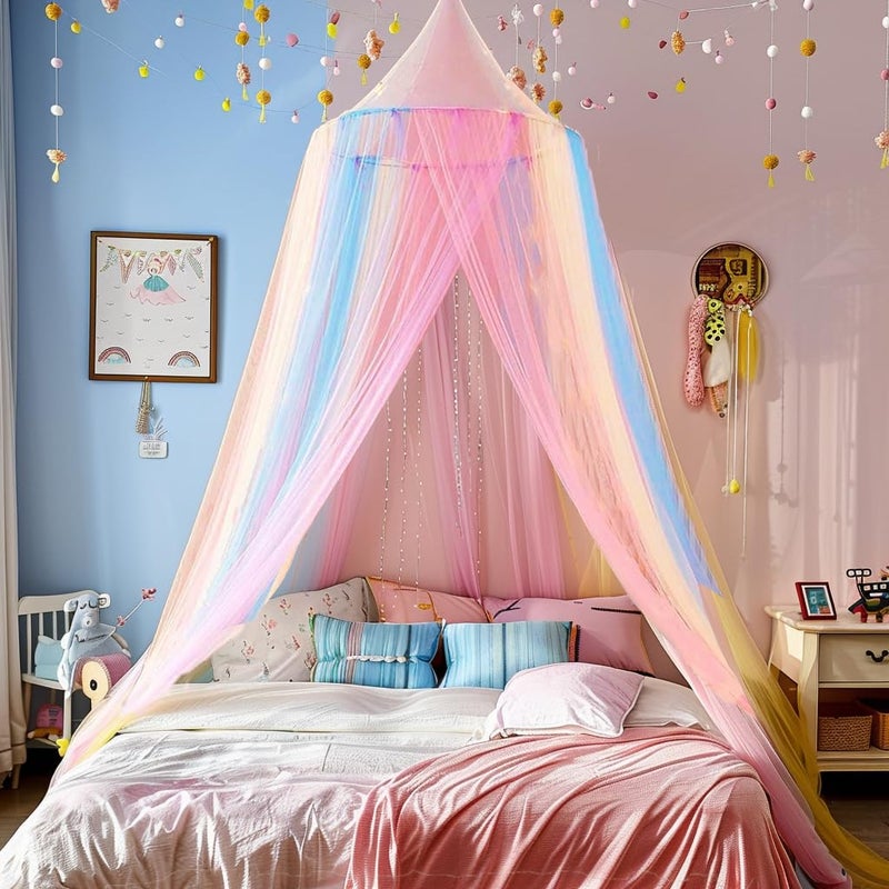 Comtelek Mosquito Net Bed Canopy for Girls,Rainbow Canopy Bed Curtains Full Queen Size from Ceiling,Dome Mosquito Netting Bed Tent Twin Girls Princess Canopy King Bed Decor - Image 1