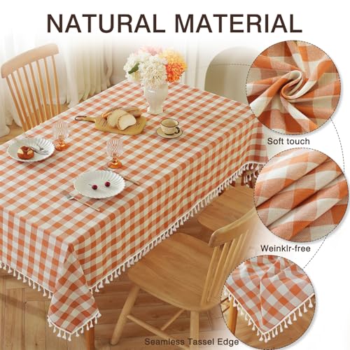 Jia le JIALE Fall Gingham Tablecloth Rectangle Cotton Linen Fabric Checkered Table Cloth with Tassel Washable Wrinkle Free Buffalo Plaid Table Cover for Thanksgiving Picnic Home Decor, Orange, 55x75'' - Image 3
