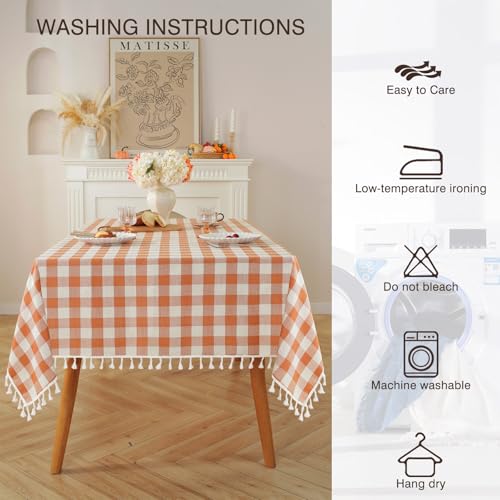 Jia le JIALE Fall Gingham Tablecloth Rectangle Cotton Linen Fabric Checkered Table Cloth with Tassel Washable Wrinkle Free Buffalo Plaid Table Cover for Thanksgiving Picnic Home Decor, Orange, 55x75'' - Image 4