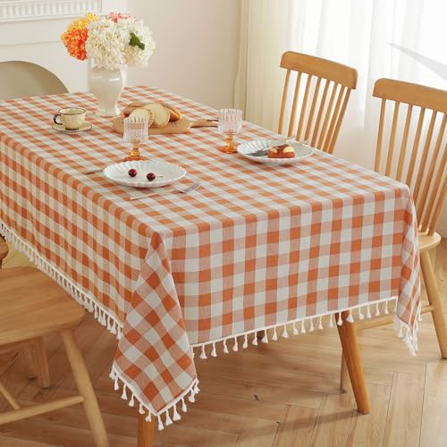 Jia le JIALE Fall Gingham Tablecloth Rectangle Cotton Linen Fabric Checkered Table Cloth with Tassel Washable Wrinkle Free Buffalo Plaid Table Cover for Thanksgiving Picnic Home Decor, Orange, 55x75'' - Image 1