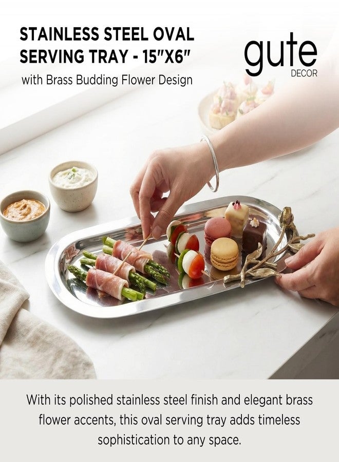 Gute Decorative Oval Centerpiece Serving Tray with Accents by Gute - Stainless Steel Metal & Brass, Gold Budding Flower Design, Serveware Perfect for Deserts, Cupcakes Fruit, Bread, Home Decor Gifts 15"x6" - Image 2