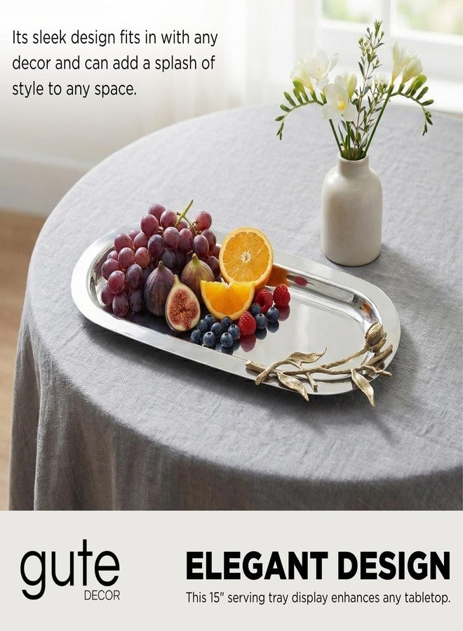 Gute Decorative Oval Centerpiece Serving Tray with Accents by Gute - Stainless Steel Metal & Brass, Gold Budding Flower Design, Serveware Perfect for Deserts, Cupcakes Fruit, Bread, Home Decor Gifts 15"x6" - Image 3