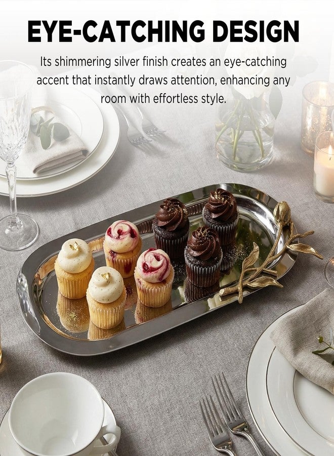 Gute Decorative Oval Centerpiece Serving Tray with Accents by Gute - Stainless Steel Metal & Brass, Gold Budding Flower Design, Serveware Perfect for Deserts, Cupcakes Fruit, Bread, Home Decor Gifts 15"x6" - Image 5