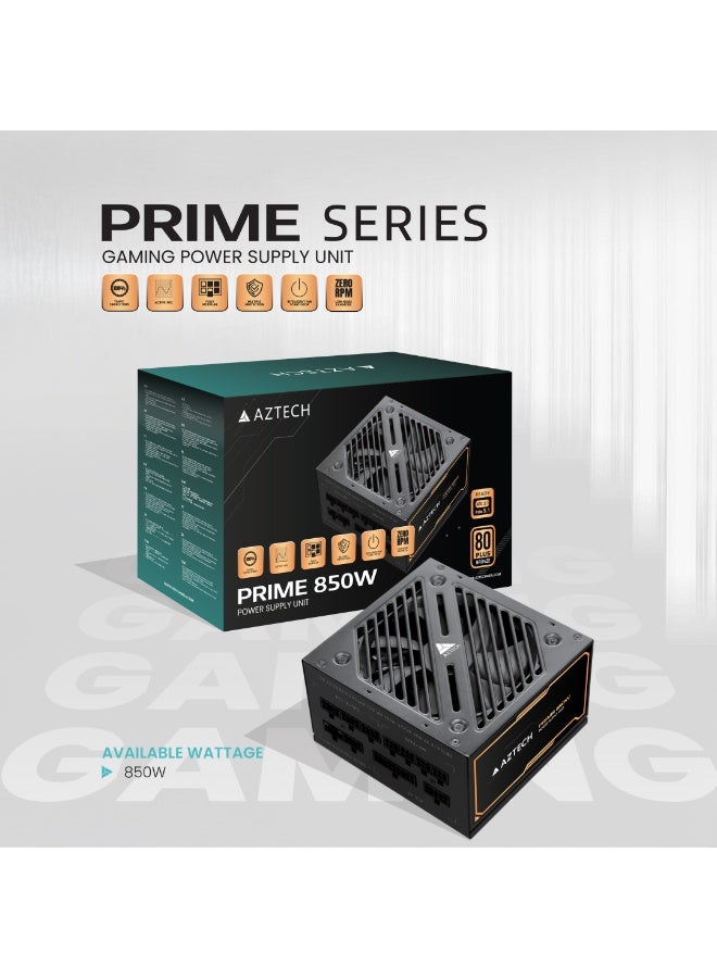 PRIME 850W 80 Plus BRONZE ATX 3.1 & PCIe 5.1 Ready Fully Modular Power Supply Ultra‑Quiet Hybrid Fan PSU 120 mm, Japanese 100% 105 °C Caps, ZERO RPM Low noise Control RTX 40 PSU & Ryzen Intel
