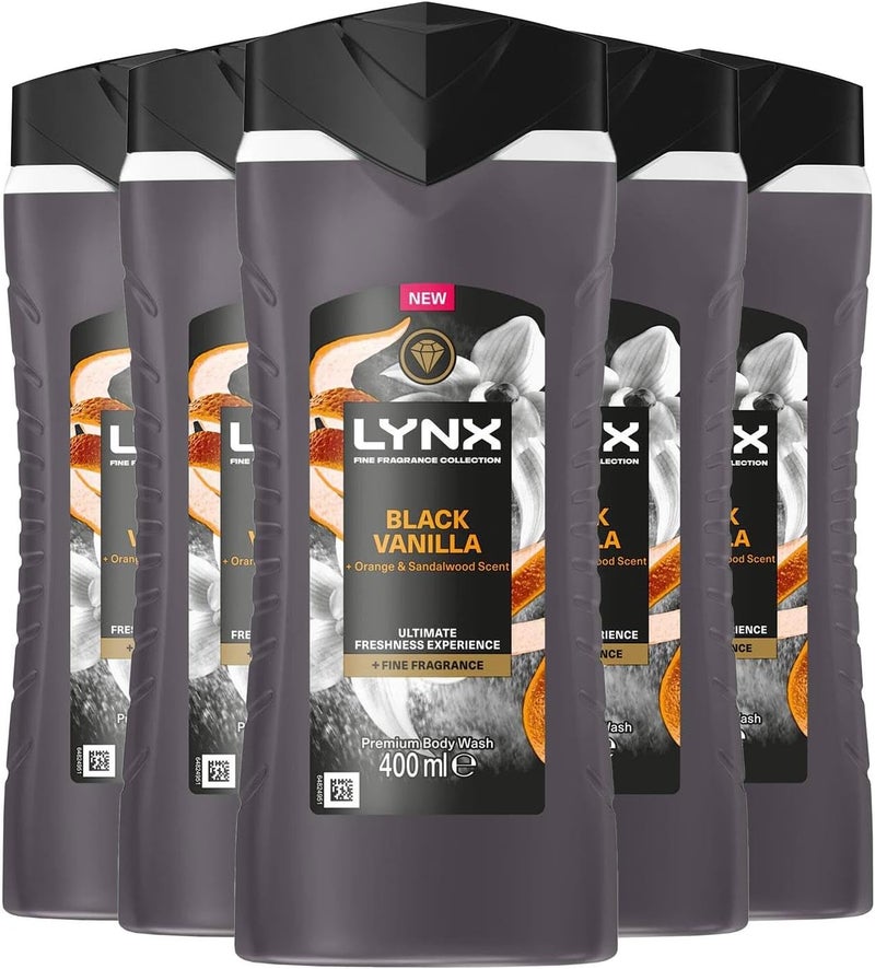 Lynx Fine Fragrance Collection Body Wash for Men Black Vanilla Pack of 5 Premium Shower Gel Infused with Essential Oils That Gives You 12 Hours of Freshness 400 ml