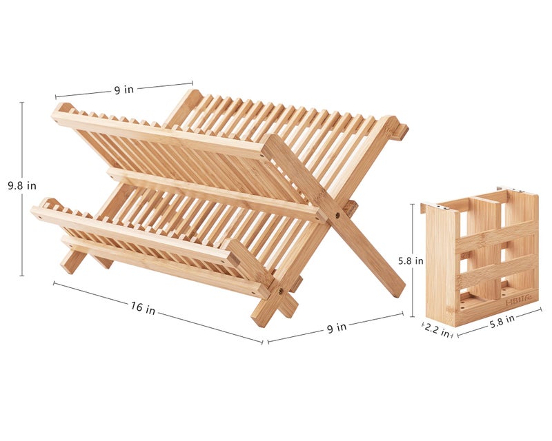HBlife Dish Rack, Bamboo Folding 2-Tier Collapsible Drainer Dish Drying Rack with Utensils Flatware Holder Set (Dish Rack with Utensil Holder) - Image 3