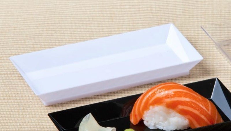 Zappy 50ct 25 x 5 Elegant Petite Mini Rectangle Tray Appetizer Dessert Plates  Disposable Hard Plastic Miniature Tasting Sushi Trays Sample Dish Party Plates White
