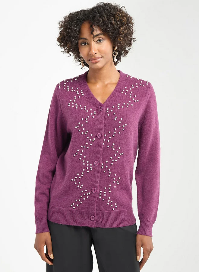 Splash FAV Embellished Button Through Cardigan with Long Sleeves