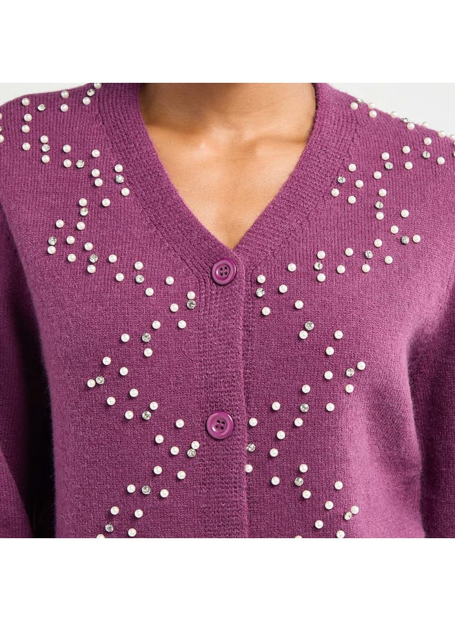 Splash FAV Embellished Button Through Cardigan with Long Sleeves  - Image 4