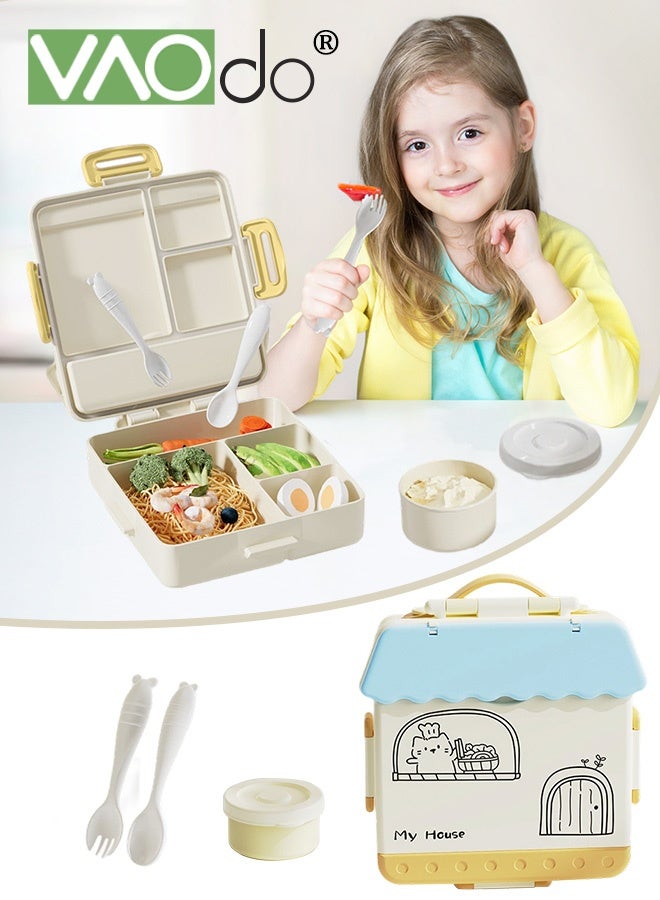 فاو دو علبة غداء للأطفال بمقبض، علبة طعام مع مقبض، حاوية طعام مع 4 حجرات وعلبة صلصة واحدة، خالية من مادة BPA، آمنة للتسخين في الميكروويف والمجمد صندوق بينتو أزرق 20*23*5.5 سم - Image 1