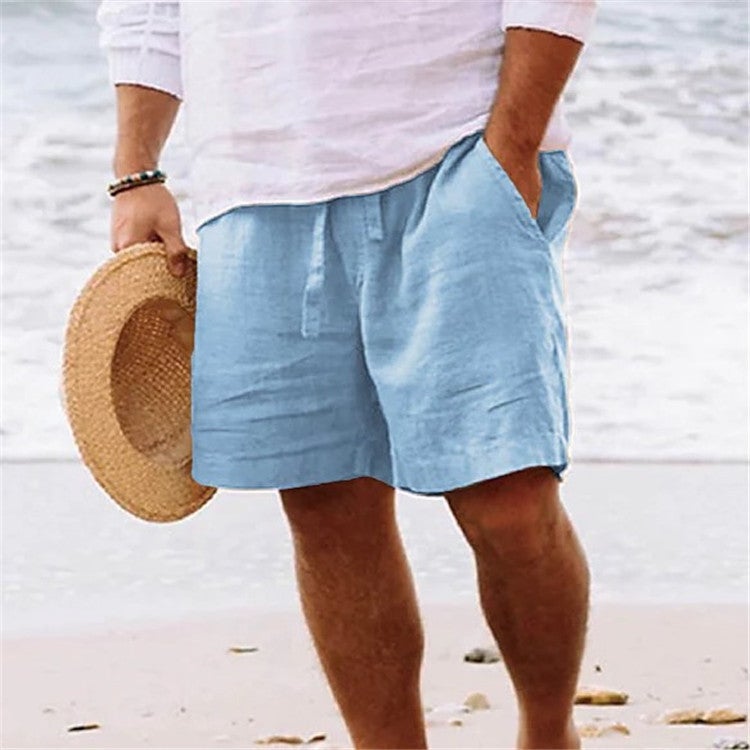 Men'S Shorts Cotton Linen Summer Drawstring Elastoic Waist Straight Legs Solid Color Comfortable Breathable Short Daily Beach - Image 1