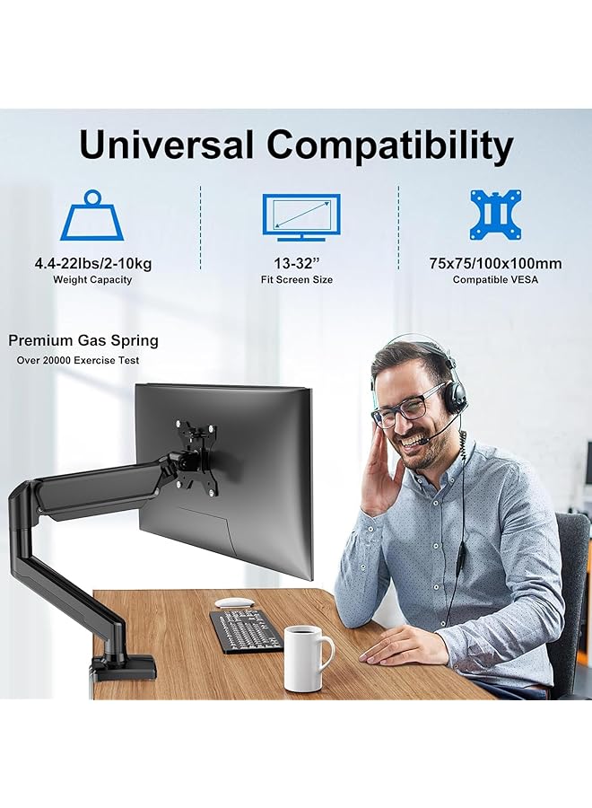 erorex Single Monitor Mount Stand Adjustable Spring Monitor Desk Mount Swivel Bracket Heavy Duty Computer Monitor Stands With Clamp And Grommet Base For 13 To 32 Inch Computer Screens - Image 3