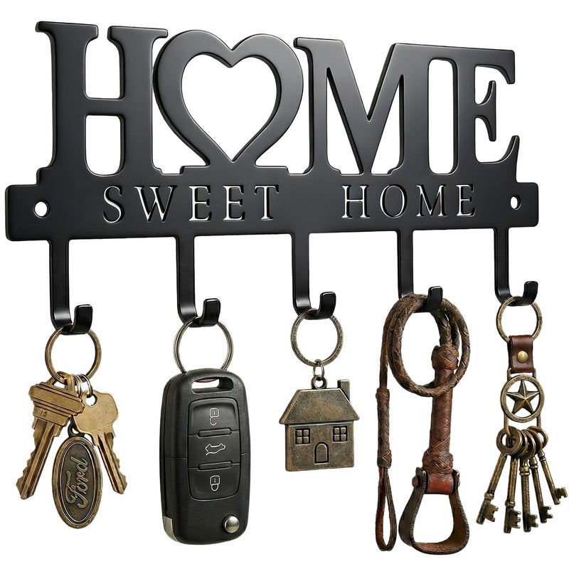 WIPHANY Entryway Wall Key Holder with 5 Hooks, Metal Key Rack Wall Mount for Keys, Bags and Leashes, Decorative Organizer for Entryway, Mudroom or Hallway, Sweet Home Design, 9.8 inches, Black - Image 1
