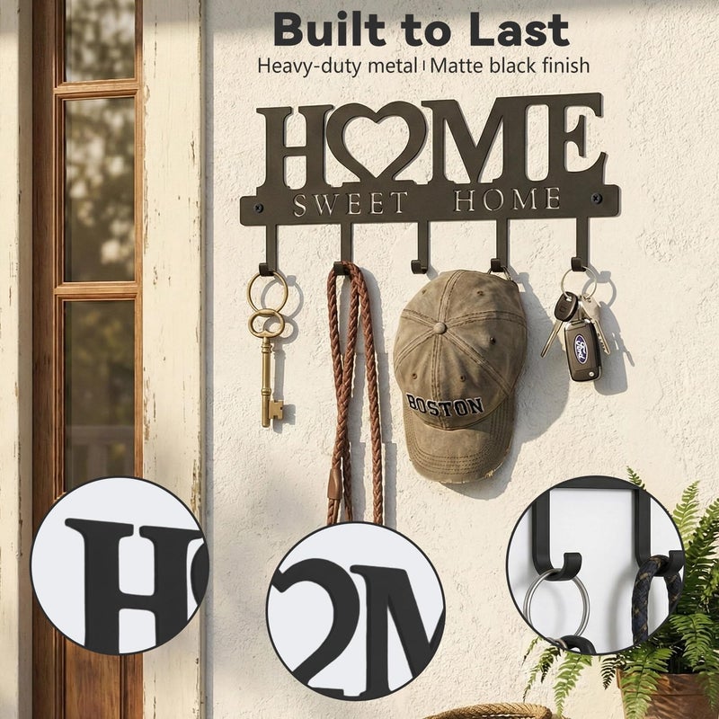 WIPHANY Entryway Wall Key Holder with 5 Hooks, Metal Key Rack Wall Mount for Keys, Bags and Leashes, Decorative Organizer for Entryway, Mudroom or Hallway, Sweet Home Design, 9.8 inches, Black - Image 5