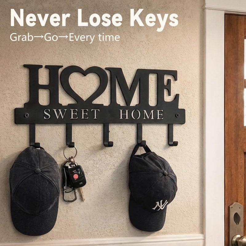 WIPHANY Entryway Wall Key Holder with 5 Hooks, Metal Key Rack Wall Mount for Keys, Bags and Leashes, Decorative Organizer for Entryway, Mudroom or Hallway, Sweet Home Design, 9.8 inches, Black - Image 3