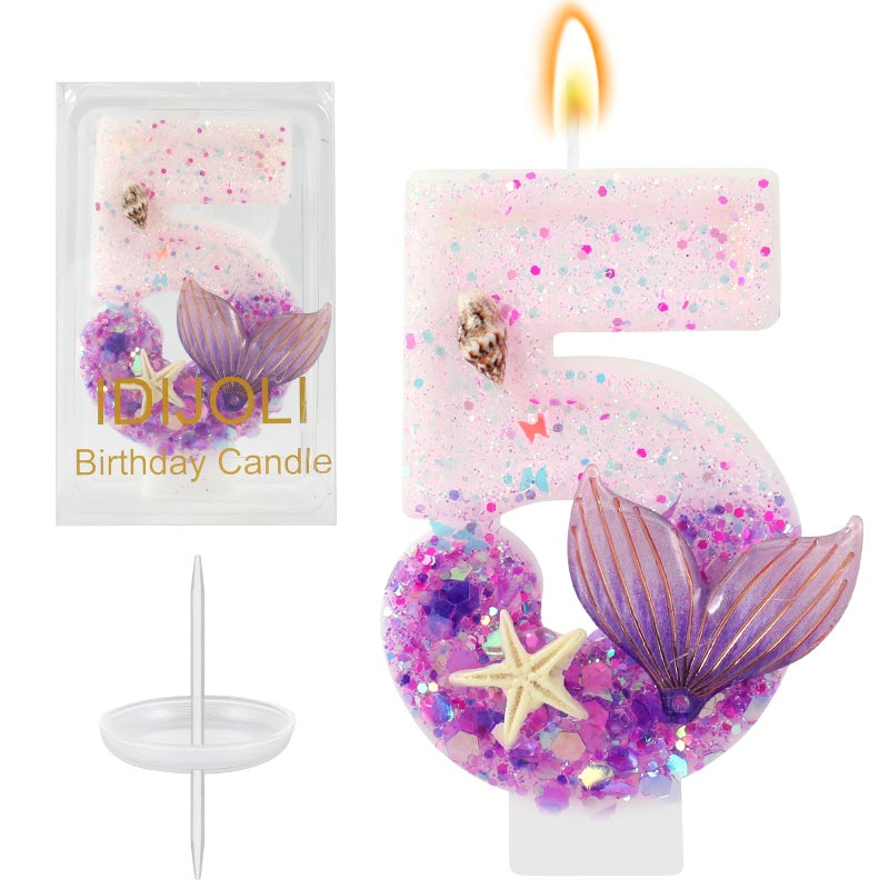 IDIJOLI Purple Number 5 Candles Mermaid Birthday Candle 5th Birthday Cake Topper Cupcake Decorations for Girls and Women Party Decor Anniversary Celebrations Supplies Favors - Image 1