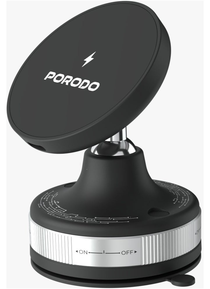 porodo Vacuseal Smart Suction Wireless Charging Mount with Strong Suction & Magnetic Hold / 15W Wireless Charger / 360° Rotation Multi-Angle Viewing / Car Mount / One Handed Operation - Black  - Image 1