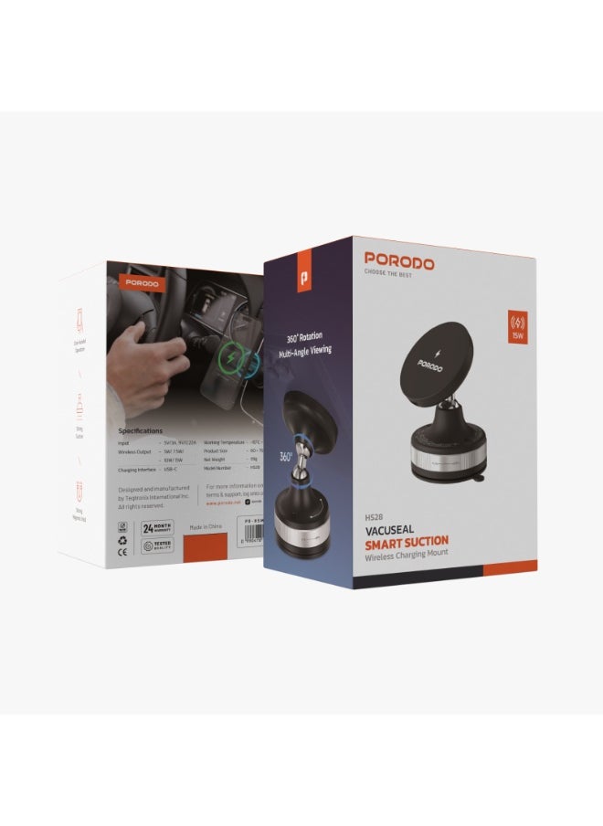 porodo Vacuseal Smart Suction Wireless Charging Mount with Strong Suction & Magnetic Hold / 15W Wireless Charger / 360° Rotation Multi-Angle Viewing / Car Mount / One Handed Operation - Black  - Image 2